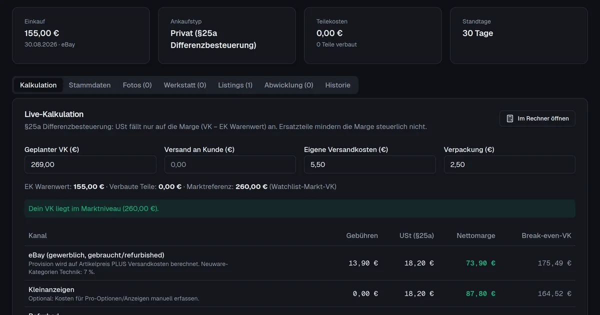 Geräteakte mit Live-Kalkulation je Kanal