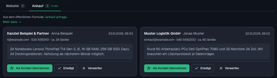 In der App: Anfragen, Reiter Ankauf, mit drei Anfragen von Firmen und dem Knopf Als Kontakt übernehmen