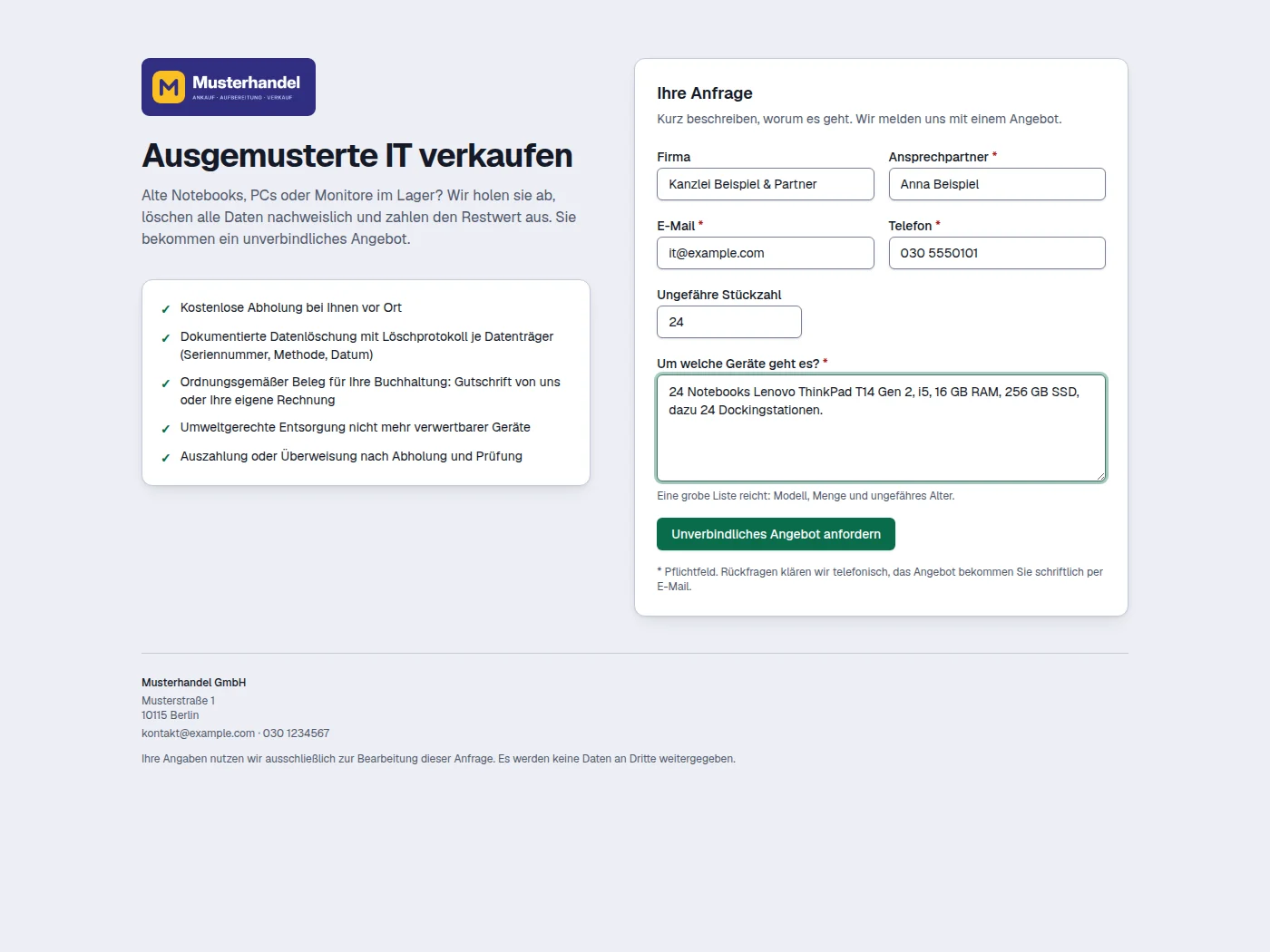 Ankaufsformular der Musterhandel GmbH: Ausgemusterte IT verkaufen, Leistungen wie Abholung und Löschprotokoll, Formular mit Firma, Ansprechpartner, Stückzahl und Geräteliste