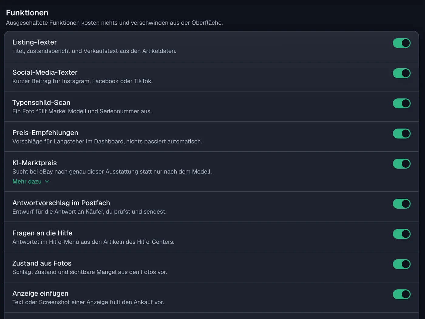 Einstellungen, KI: die KI-Helfer vom Listing-Texter bis Anzeige einfügen, jeder einzeln abschaltbar