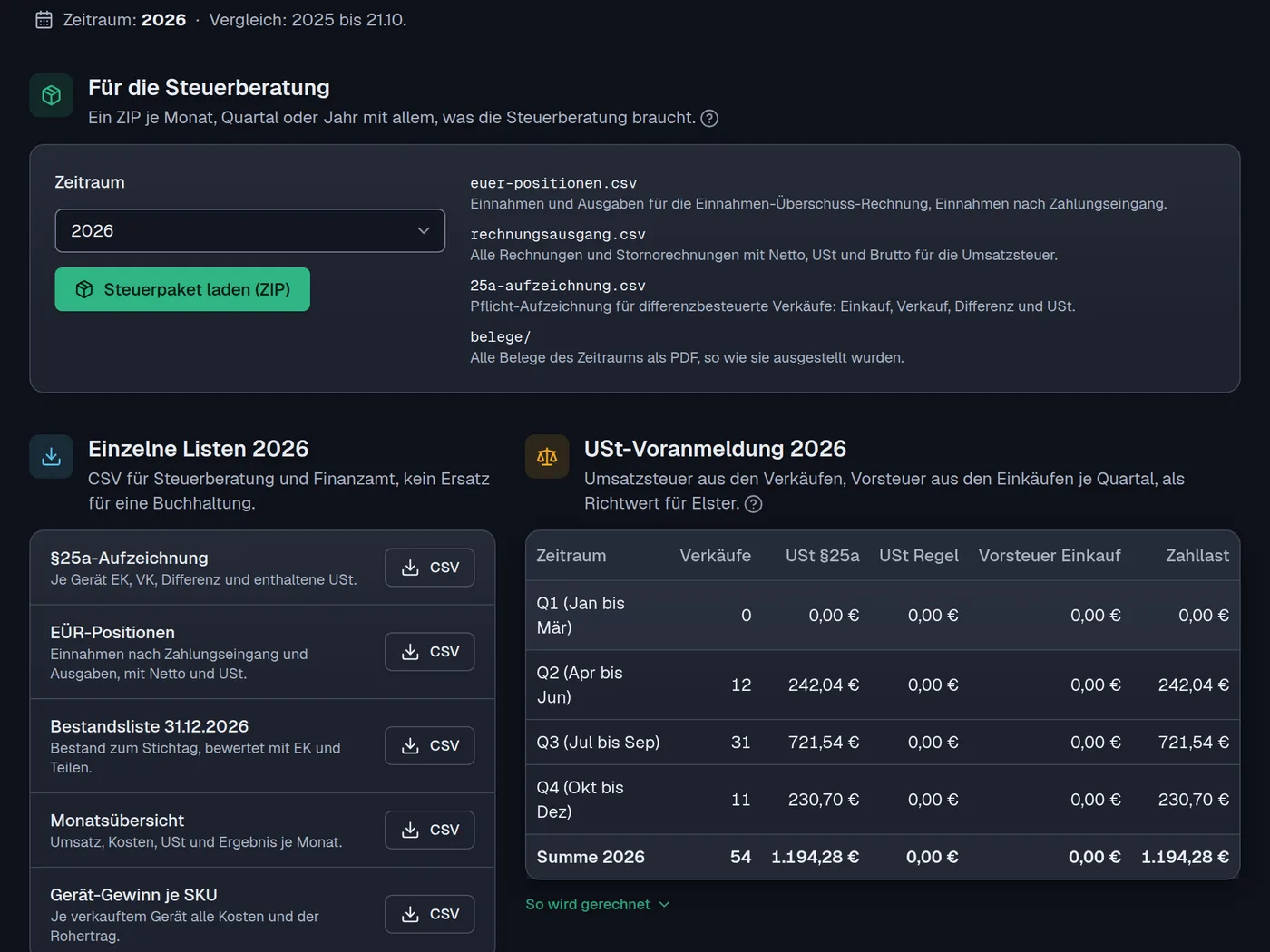 Steuer-Export: Steuerpaket als ZIP, einzelne Listen und Umsatzsteuer je Quartal