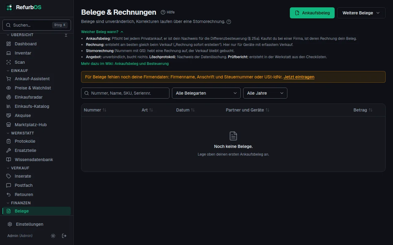 Die Seite Belege mit „Welcher Beleg wann?“