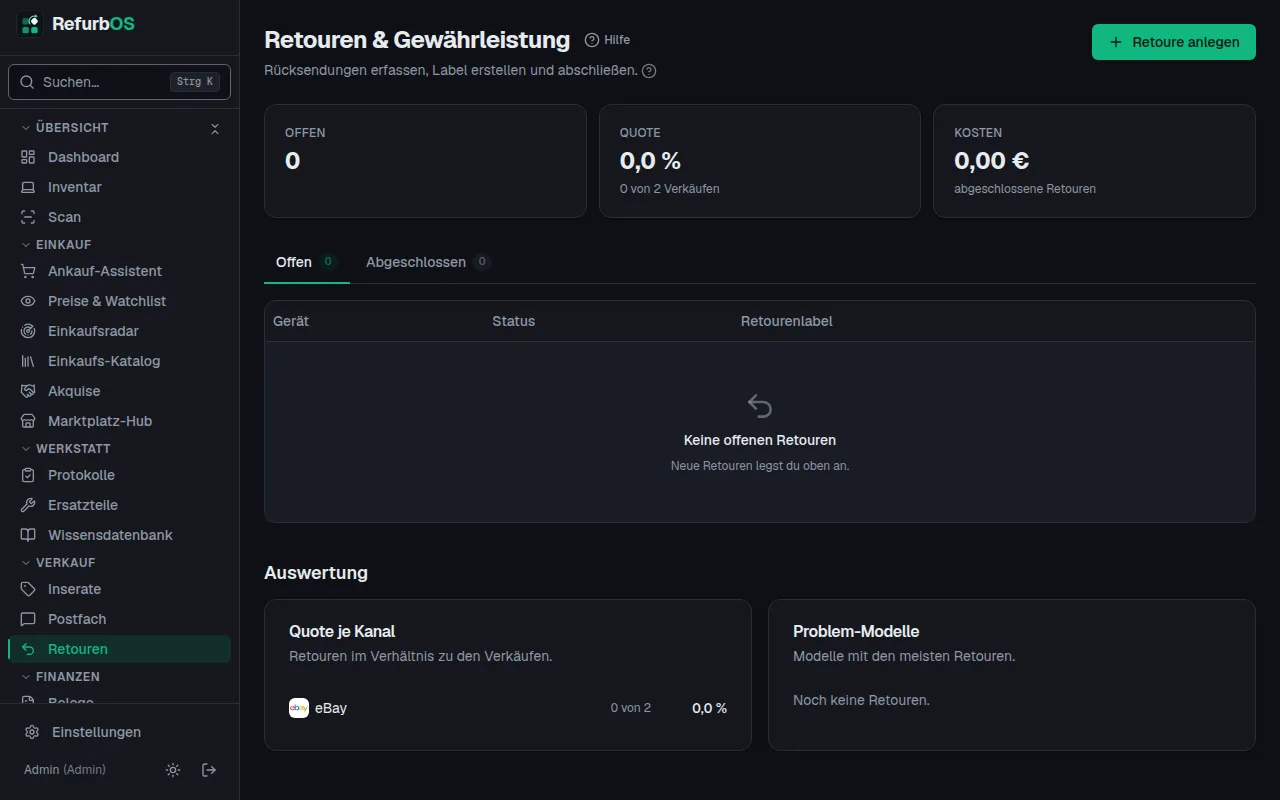 Die Seite Retouren mit offenen Retouren
