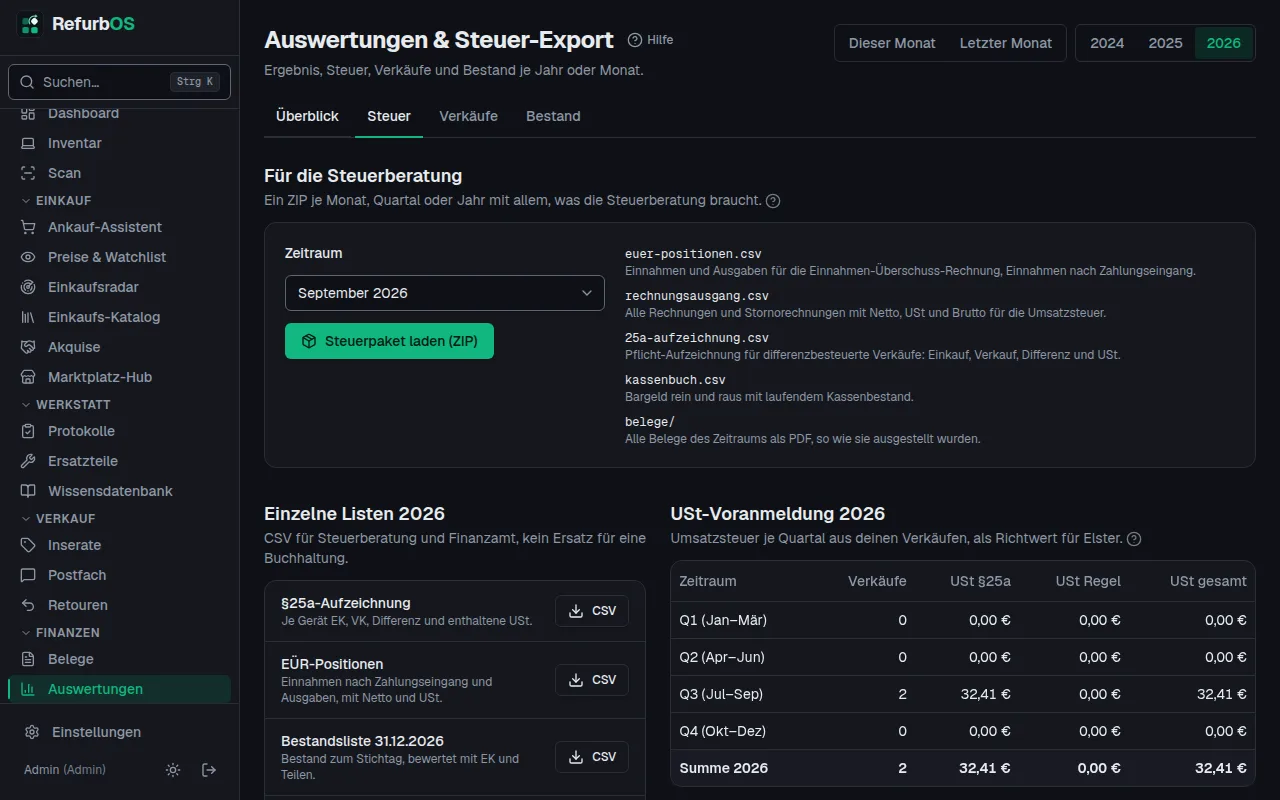 Auswertungen, Reiter Steuer: Steuerpaket und einzelne Listen